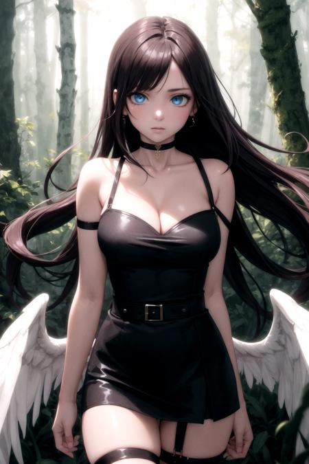 Image of a beautiful fashion model in a beautiful forest the wing lift her clothes, choker, thigh strap,  insanely detailed, billowing long hair, beautiful face, windy, cinematic lighting, beautiful eyes, soft lighting, beautiful eyes, soft lighting, bokeh, mist, 8k, unreal engine, octane render