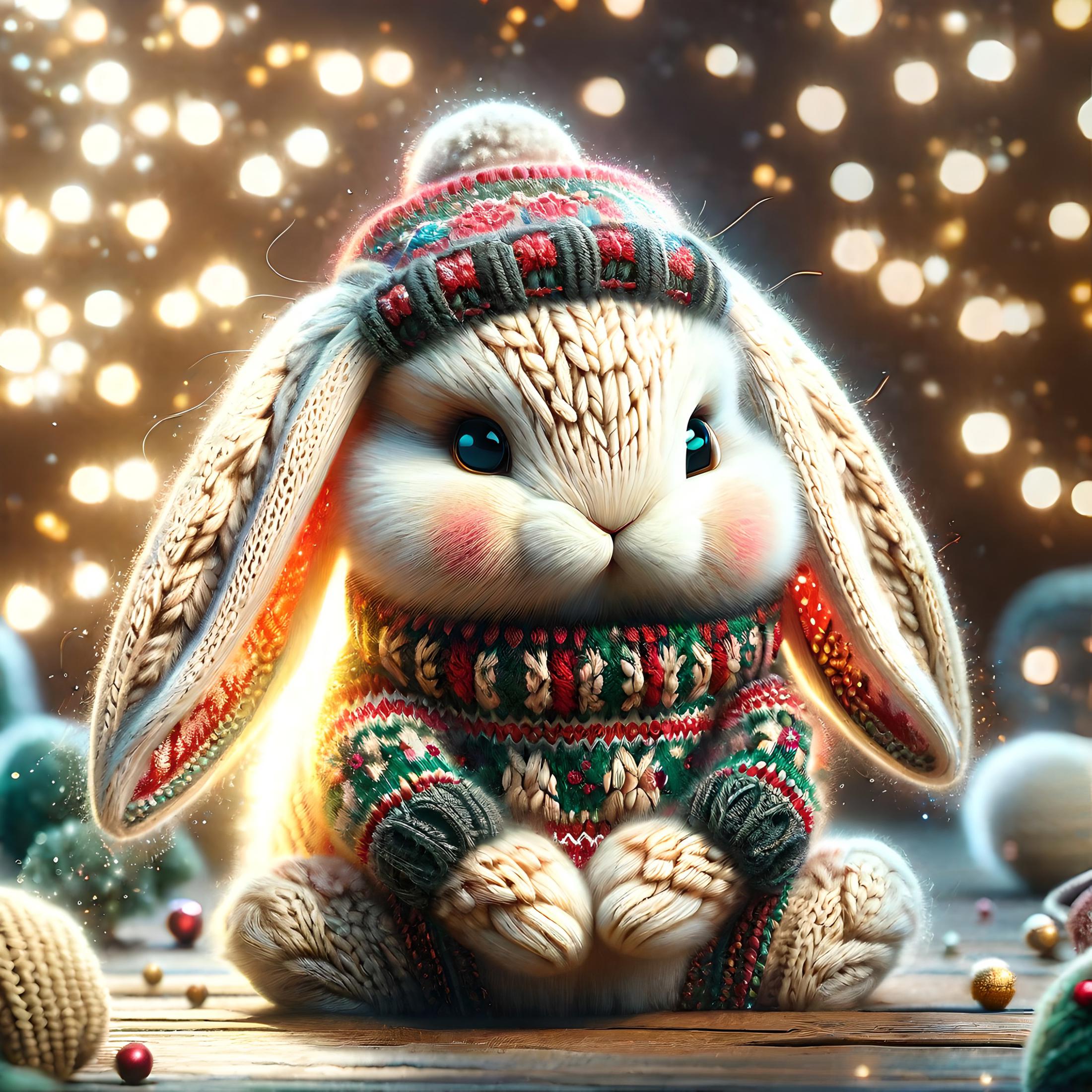 A cute bunny wearing a sweater and a hat, sitting on a table with ornaments.