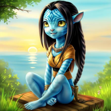 Avatar Style, masterpiece, best quality, ultra-detailed, cartoon style woman, cute art style, chibi, sitting down, super chibi, cute, small body, sunset, looking at the bright day