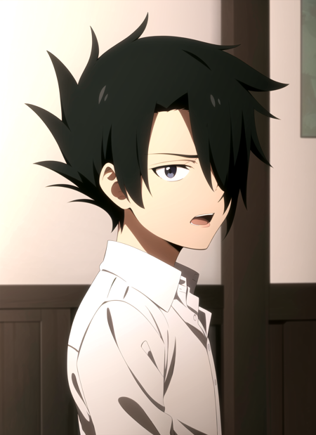 promisedNeverland <lora:promisedNeverland_offset:1>, masterpiece, best quality, 1boy, solo, male focus, black hair, hair over one eye, shirt, open mouth, white shirt, upper body, collared shirt, spiked hair, indoors, short hair