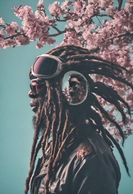 (anthropomorphic monkey, long dreadlocks, gangsta rapper:1.5), A double exposure photo of a woman astronaut with many pink plum blossoms smoke on her head and shoulders against a light blue floral background. Strange and weird, Double exposure, dark moody atmsophere, The photograph uses double exposure photography with pastel colors and soft lighting with a strong contrast between shadows and highlights. Astronaut helmet. Aestheticized violence, The natural scenery depicts a graceful posture and graceful body movements in the style of in.
