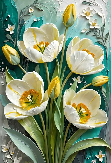 Digital artwork depicting white tulips using an impasto technique. The piece features bold, textural brushstrokes that create a 3D effect, especially in the flower petals. Deep emerald to sage green leaves contrast with pristine white blooms. The background blends muted grays and teals, while scattered white details suggest falling petals. Yellow stamens add subtle warmth to the composition.
