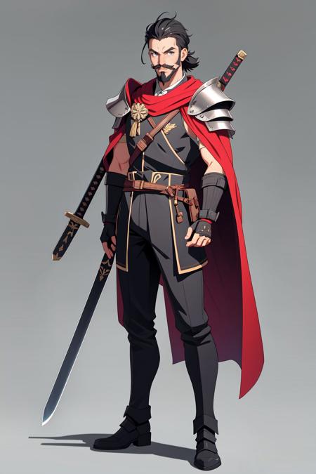 1boy, weapon, facial hair, solo, male focus, armor, sword, beard, black hair, full body, standing, holding weapon, holding, gloves, mustache, cape, grey background, holding sword, shoulder armor, simple background, looking at viewer, fingerless gloves