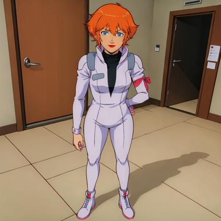 masterpiece,high quality,indoors,
<lora:shriketeam001:0.7>,full body,standing,looking at viewer,smile,
helenjackson,1girl,
short hair,orange hair,sidelocks,blue eyes,lipstick,
turtleneck,pilot suit,arm ribbon,