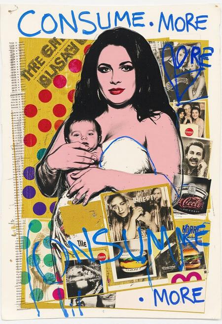 andywarhol1 illustration. A pop art style analogue mixed media collage artwork. Deconstructed, provocative, surreal, intense and chaotic composition. Street art textures, overlapping layers and vibrant retro colours. A distressed photocopy image of a fat, very busty young woman - long big hair, a lot of make-up. She is holding a baby.  Print errors, halftone dots. grungy print registration errors. Overlaying this are multiple layers of vintage food, cake, meat, burger images, hand-drawn shapes and patterns, bold paint splashes. Next are layered sections of repetitive brightly coloured dots are spraypainted in Yayoi Kusama style - smears and spray. Paint splattered and dripping. Torn magazine photos of fast food and fast-food brand logos glued to the layers. These partially hide sections of the images below. On the top layer are rough hand-drawn shapes, abstract patterns and love hearts scrawled heavy-handedly in blue biro and Sharpie marker. TEXT: "CONSUME", "MORE"