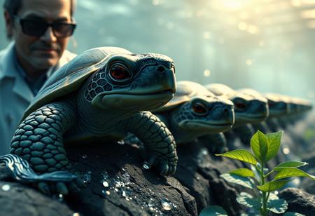 Create a Blu-ray cover image for the USA market featuring a close-up of turtles on a Cascade Barrier. Include a menacing and evil scientist in a lab coat with a basil plant nearby. The image should have a golden ratio composition, with volumetric lighting and subsurface scattering. Incorporate micro and lifelike details, and ensure the style is reminiscent of Makoto Shinkai's work. The final image should be HD and HQ. For reference, consider the style of promo and concept images.