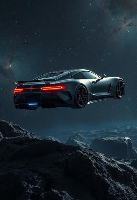 Mercedes-AMG ONE GT floating in outer space, ultra-realistic 4K render with high detail. The car has a pitch black and white color scheme, glowing red rear lights and neon blue front headlights. The car is levitating above a rugged asteroid, without contact to the surface. It is illuminated by distant stars, galaxies, and cosmic dust, casting subtle reflections on its sleek surface. Deep space lighting, realistic shadows, and a cinematic sci-fi atmosphere. The background features a cosmic environment with stars, nebulae, and distant celestial bodies. Emphasis on photorealism, weightless suspension, and dramatic lighting that enhances the futuristic vibe