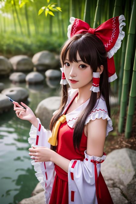 best quality, masterpiece, real,realistic, photo,photorealistic,cowboy shot,looking at viewer, 
1girl, beautifly face,hakurei reimu \(cosplay\), miko,
outdoors, bamboo forest, nature,river,huge rock, sitting on rock, wind,floating hair, 
<lora:hakurei reimu cosplay_728_V3_07:0.6>