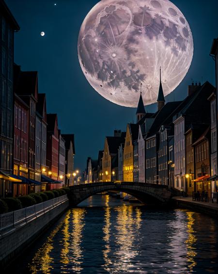 In this enchanting cityscape, the moon's radiant presence transforms the water and the buildings, imbuing them with a sense of magic and mystery. It is a scene that reminds us of the inherent beauty that exists in the convergence of nature and human endeavor, inviting us to marvel at the interplay of light, water, and architecture under the watchful gaze of the moon.