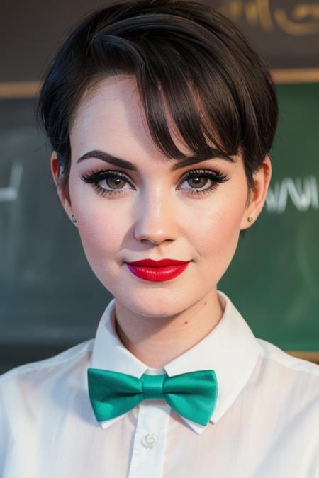 photo of a woman, sydneywatson:0.99, ((shirt, pixie cut, bowtie):1.1), ((closeup, portrait)),((classroom, chalkboard)), ((red lipstick, makeup)), (smile), ((best quality, masterpiece, extreme details, high resolution):1.2),((detailed eyes, beautiful eyes, detailed face, beautiful face):1.2)