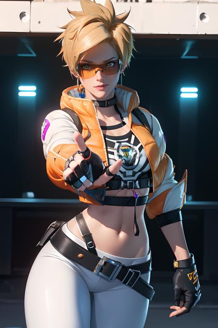 tracerkpop tracer (overwatch),  (white and orange puffy jacket), brown eyes, pink chest harness, collarbone, cowboy shot, ear piercing, fingerless gloves, gloves,  jewelry,  looking at viewer, yellow visor, black leggins, piercing, blonde spiked hair, , navel , midriff 