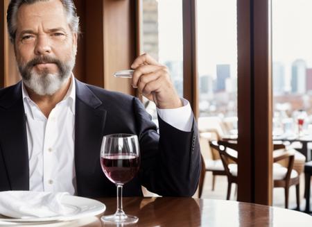 (ow1), headshot, man, solo, holding up a large glass of wine at a fancy restaurant, full body, full body shot, white background, no background, PNG, natural lighting, no shadows, ultra detailed, hyperrealistic, 80mm, 4k, 8k, 8k realistic, sharp focus, intricate, high resolution    <lora:OrsonWelles-10:01>