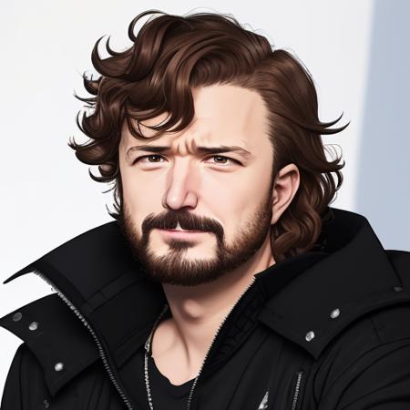 anime style illustration of (NikoPueringer:0.99) a man with short brown curled hair, solo, 1boy, wearing a (black jacket:1.3) with a feathered ruff, (with a beard and facial hair:1.1), (detailed face:1.4), (grey eyes:1.2), open mouth, (with an angry look on his face:1.1), high quality, high detail, masterpiece, art by Tomioka Jirou