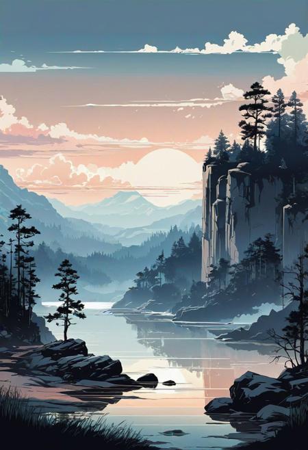 epic landscape, animation style, vectoring, high detailed, ink painting, melancholy colour palette, muted pale light faded colors, a complex composition,