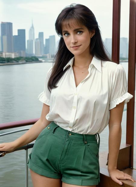 medium shot, photo of sexy skswoman as a young student, green eyes, One hand on hip pose, wearing Bodysuit and Wide-leg jumpsuit, in pond, looking happy, (look at viewer:1.0) (skin texture), Fujifilm XT3, DSLR, 50mm, <lyco:Connie Sellecca:1.1>