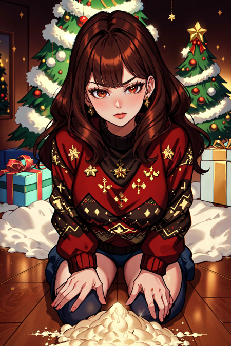 <lora:HolidayIdidalittlebit:0.8> a young woman wearing an ugly sweater and sitting on a floor near christmas tree snorting cocaine, drugcore, in the style of light red and dark brown, romantic motifs, ferrania p30, princesscore, bold colors, strong lines, feminine body, milleniwave,