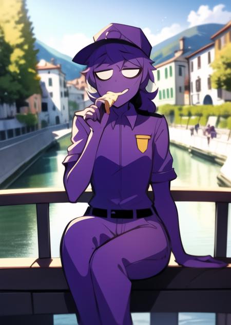 <lora:purpleguy-08:1> purpleguy, sitting in italian  Fondamenta, eating ice cream, river background, detailed background, masterpiece, best quality