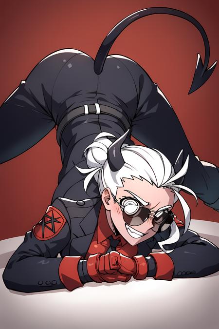 score_9, score_8_up, score_7_up, uncensored, nsfw, rating_explicit, source_anime, anime style, anime, <lora:Smooth Anime 2 Style SDXL_LoRA_Pony Diffusion V6 XL:1>, <lora:Perfect Hands:1> BREAK
Justice \(Helltaker\), solo, demon,
slender body, black pointed horns, demon tail,
cheerful and self-satisfied smile, 
short snow-white hair carelessly sticking out in different directions,
aviator sunglasses, red short-sleeve shirt, black tie, black short jacket, black pants, wide belt with metal buckle, red fighting gloves,
jack-o' challenge, spread legs, top-down bottom-up,
living room