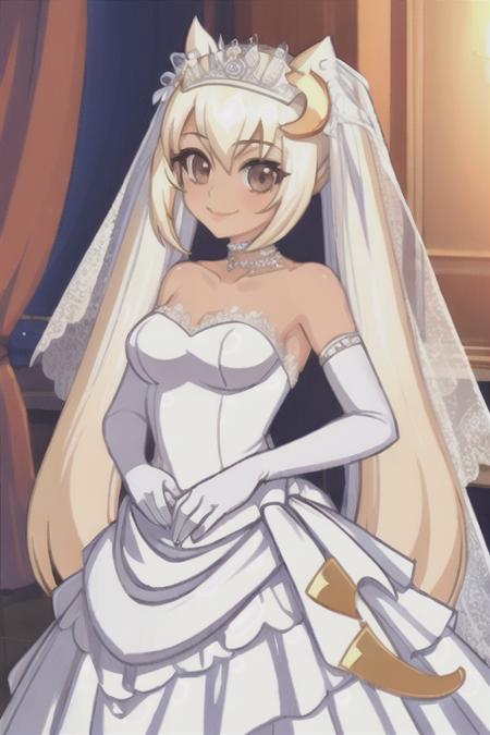 <lora:CassieV1:.8>, cassie, 1girl, solo, dress, wedding dress, gloves, long hair, crescent, twintails, brown eyes, blonde hair, bride,  veil, hair ornament, choker, jewelry, smile, bridal veil, dark-skinned female, indoors