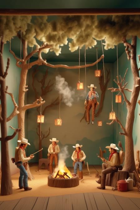 <lora:Diorama:1>Diorama - 1920pixels x 1080pixels Photorealistic museum diorama of cowboys with fake trees and fake water and painted backdrop and roasting marshmallows around a campfire and light hanging from ceiling in the syle of Wes Anderson