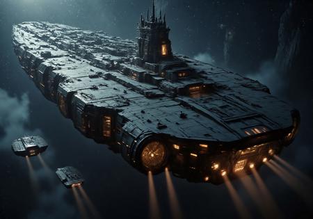 A colossal Hive Carrier spaceship hovering in deep space, its design blending Dune-style brutalist mega-architecture with intricate Gothic-mechanical detailing — towering spires, ribbed hulls, dark cathedral-like plating, vast hive-like hangars emitting eerie light. Swarms of smaller vessels orbit its silhouette. Scene lit with cinematic contrast, low-key lighting, strong shadows, and a cold cosmic color palette. Background features a starfield with nebulas and a distant dying sun. Camera angle from below, dramatic lens flare, cinematic atmosphere. Hyper-realistic, 3D render, 4K resolution.