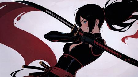 best quality, masterpiece, splash art, flat colors, high contrast, silhouette, katana girl