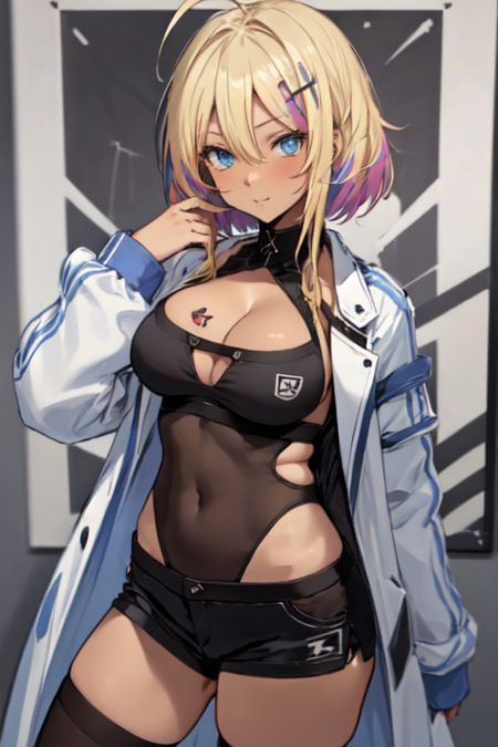 Marblehead, 1girl, solo, blue eyes, blonde hair, dark-skinned female, large breasts, hair ornament, black thighhighs, long sleeves, cleavage, ahoge, sidelocks, open clothes, short shorts, hairclip, leotard, streaked hair, white coat, covered navel, thigh strap, black shorts, short hair with long locks, gyaru, breast tattoo