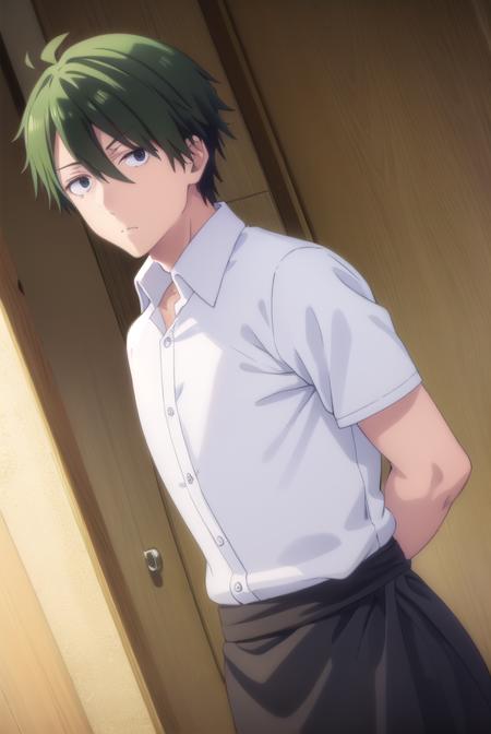 kouyou akizuki, ahoge, male focus, green hair, shirt, apron, waist apron, waiter, shirt, white shirt, collared shirt,