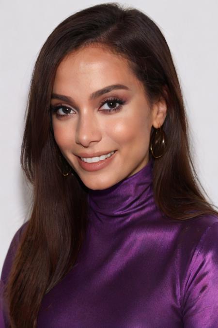 Photo of l4r1554n1t4 woman, purple turtleneck blouse, smiling