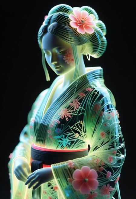 <lora:World_of_Glass_Filament:0.6> made of, tiny neon (glass:1.1) filaments, w0gf1l, Android, geisha, with robotic parts, in flowery kimono, Intricate details, 8 k, cinematic <lora:sss:0.8> subsurface scattering, sss <lora:envyStarlight_v10:0.8>
