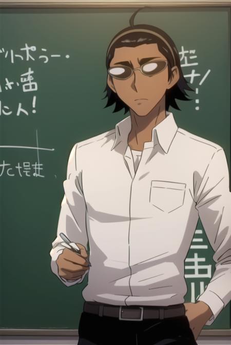 kenjiharima, <lora:kenji harima s2-lora-nochekaiser:1>,
kenji harima, black hair, male focus, glasses, dark skin, dark-skinned male hair band, ahoge,
BREAK school uniform, belt, shirt, white shirt, collared shirt, long sleeves, pants, black pants,
BREAK indoors, classroom,
BREAK looking at viewer, (cowboy shot:1.5),
BREAK <lyco:GoodHands-beta2:1>, (masterpiece:1.2), best quality, high resolution, unity 8k wallpaper, (illustration:0.8), (beautiful detailed eyes:1.6), extremely detailed face, perfect lighting, extremely detailed CG, (perfect hands, perfect anatomy),