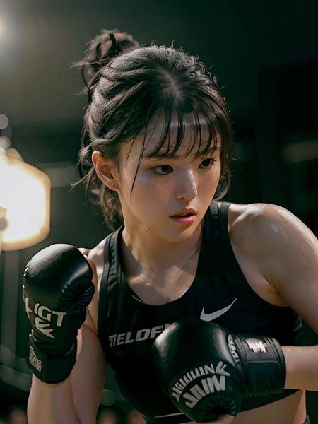 hansohee doing boxing, hair tied up, hair bangs, wet, serious look, ring, looking to the front

analog style, hyper realistic lifelike texture dramatic lighting unrealengine trending on artstation,award winning photo,nikon RAW photo,8 k,Fujifilm XT3,masterpiece, best quality, realistic, photorealistic,ultra detailed,extremely detailed face,

dark, rim lighting, two tone lighting, dimly lit, low key,

<lora:hansohee-sd1.5-newcaption-50step-000001:0.8> <lora:epiNoiseoffset_v2:1>