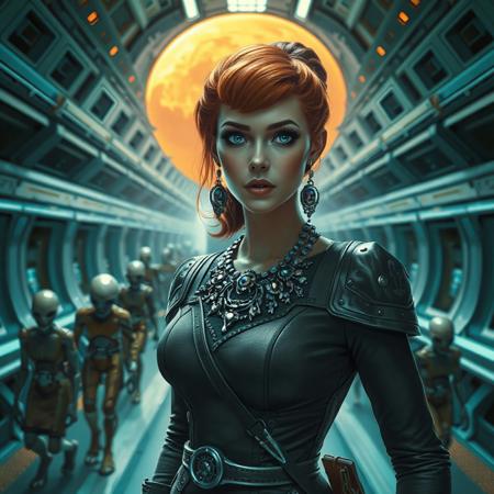 Hyperrealistic portrait of a woman with red hair, wearing noble and futuristic clothes of a exstreamly detailed and futuristic jewellery with a small  blade in the waist and a thinking attitude looking at the camera in a large corridor of a large spaceship with the silhouette of an orange planet in the background. variety of aliens all around her walking and going about the business.
