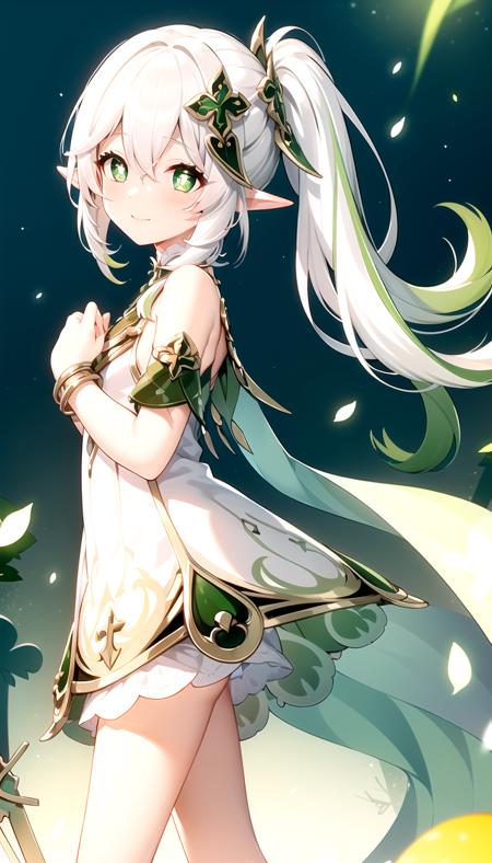 silver hair, side ponytail, green eyes, cross-shaped pupils, white frilled bloomers, pointy ears, white dress, hair ornament