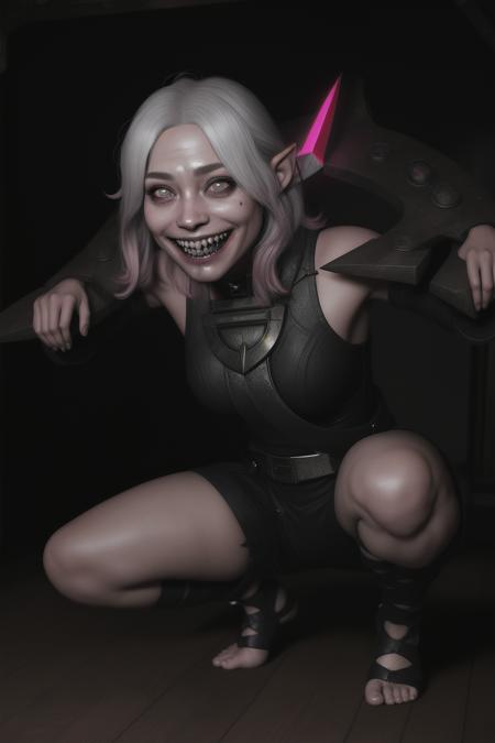 portrait,briar,handsup in shackles,squatting,pink sclera grey eyes,white hair,black wear,pointy ears, smile,sharp teeth,(8k, RAW photo, best quality), ultra-detailed, (high detailed skin:1.2),  soft lighting, high quality, professional lighting, concept art,  ray tracing, <lora:BriarV3:1>