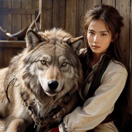 highly detailed analog photo of a animal-trainer with a pet wolf, 1girl, long hair, looking at viewer, brown hair, animal, realistic