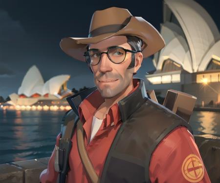 masterpiece, solo, half-length portrait, upper body, tf2sniper, red team, glasses, facial hair, cowboy hat, single glove, red shirt, grey pants, detailed background, outdoors, smiling, looking at viewer, ((sydney opera house)),  <lora:sniperlorav2:0.8>