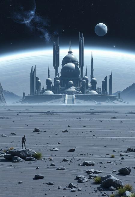 On a vast flat, rock strewn plain, a sprawling alien city covers a central elevated plateau. Tall futuristic buildings and mysterious domes of the alien city, twinkling with light, reach towards an inky black sky with magnificent nebula and  a small blue planet. Around the plateau sparse alien vegetation brings a hint of colour to the grey plain. Futuristic, realistic digital artwork