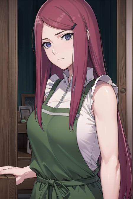 kushina, <lora:kushina-lora-nochekaiser:1>,
kushina, long hair, hair ornament, red hair, hairclip, (grey eyes:1.5),
BREAK shirt, dress, jewelry, white shirt, short sleeves, apron, bracelet, green apron, collar,
BREAK looking at viewer, upper body, full body, cowboy shot,
BREAK indoors,
BREAK <lyco:GoodHands-beta2:1>, (masterpiece:1.2), best quality, high resolution, unity 8k wallpaper, (illustration:0.8), (beautiful detailed eyes:1.6), extremely detailed face, perfect lighting, extremely detailed CG, (perfect hands, perfect anatomy),