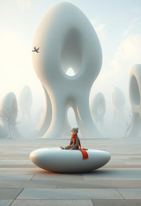 A curious character with a long scarf sits on a smooth, egg-shaped bench in a vast open plaza, surrounded by towering organic concrete forms half-lost in the mist, gentle trees and tiny birds adding softness, the architecture evoking a calm futuristic fairytale, pastel tones, vivid