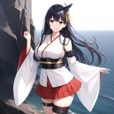 ((masterpiece)),(best quality),official art,extremely detailed CG,unity 8k wallpaper,ultra detailed,A lighthouse on a cliff by the sea,1girl,solo,cowboy shot,detached_sleeves,black_hair,red_eyes,long_hair,japanese_clothes,tabi,nontraditional_miko,wide_sleeves,red_skirt,white_socks,geta,hair_ornament,red_hakama,pleated_skirt,smile,breasts,hakama_short_skirt,hakama_skirt,thigh_strap,<lora:Fusou(kan)>,