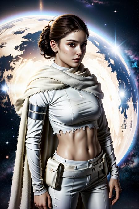 padme sd, looking at viewer,hair bun, breasts,  brown hair, brown eyes, white outfit , white cape, midriff , torn clothing, space,star \(sky\),galaxy,pouch,holster,    <lora:padme sd -000009:0.7>,