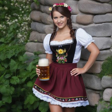 full body portrait of a woman,20 years old,dirndl,beer,