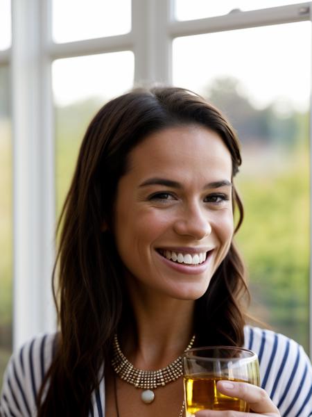 A beautiful gw3nd0l1n3t woman, 1girl,long hair,breasts,looking at viewer,smile,brown hair,jewelry,teeth,solo focus,indoors,necklace,grin,cup,drinking glass,realistic,blinds,soft lighting, professional Photography, Photorealistic, detailed, RAW, analog, sharp focus, 8k, HD, high quality, masterpiece<lora:gw3nd0l1n3t:1.0>