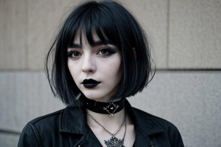 Teen brunnete nordic goth girl | tattoo | dark | Adult | On street | High quality | gothic makeup | realistic | informal | cute girl | bob cut hair | choker | solo | black hair