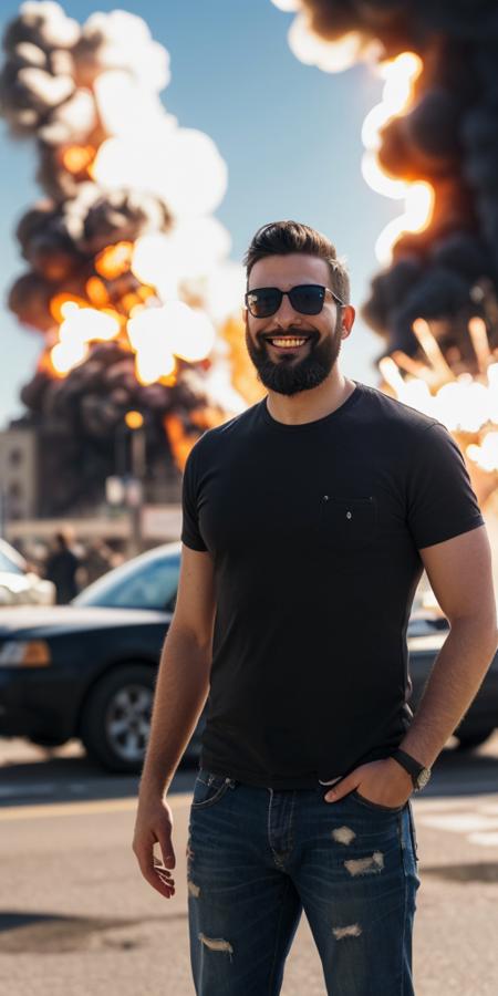 Male,beard,sunglasses,smile,standing,close shot,street,explosion in background,(photorealistic,high detail,best quality,)