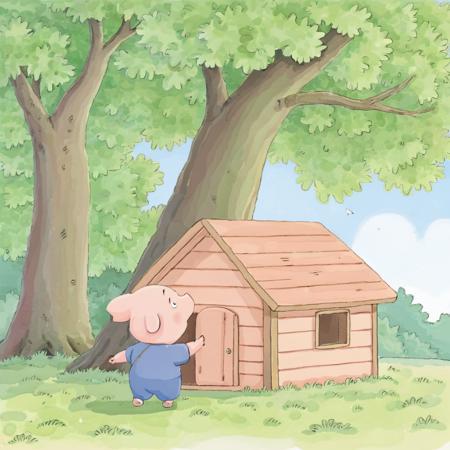 huiben_style,<lora:huiben-000040:0.7>,a little pig made a wooden house with ((wood)),wooden,