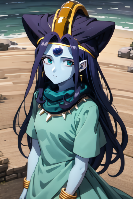 masterpiece, best quality, <lora:oceanus_shenron:0.85>, blue skin, long hair, blue hair, aqua eyes, oceanic shenron, looking at viewer, outdoors, expressionless, closed mouth, jewelry, earrings, upper body, dragon ball gt, from above, dress, short sleeves, mature female, monster girl