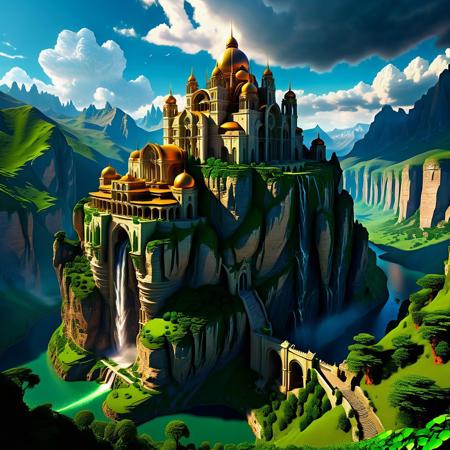A grand and futuristic palace built on the edge of a steep cliff, with towering spires and domes reaching towards the sky, surrounded by jagged mountains, overlooking a deep valley below. The palace has a blend of classical architecture with scifi elements, set in a vast open landscape with lush green hills and dramatic cliffs, bright daylight with clouds casting shadows over the land, fantasy world, breathtaking scenery, hyper-detailed, ultra-realistic, 8k resolution, atmospheric lighting, surreal and majestic.