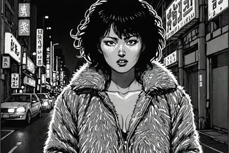 a black and white comic book illustration of  woman prostitute on the street, wearing a fuzzy jacket, neon lights, new tokyo, 1girl, solo,, style akirabw <lora:Akira_BW_Comic_Style_XL:1>